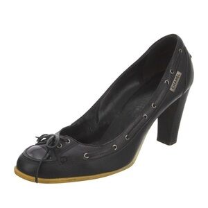 Chanel Black Leather Pumps Shoe Lace Up Sneaker Moccasin Block Heel 39 9 Vintage
